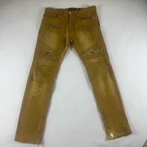 Makobi Mens 34x32 Biker Distressed Moto Jeans Mustard Tan Gold Zipper Ankle